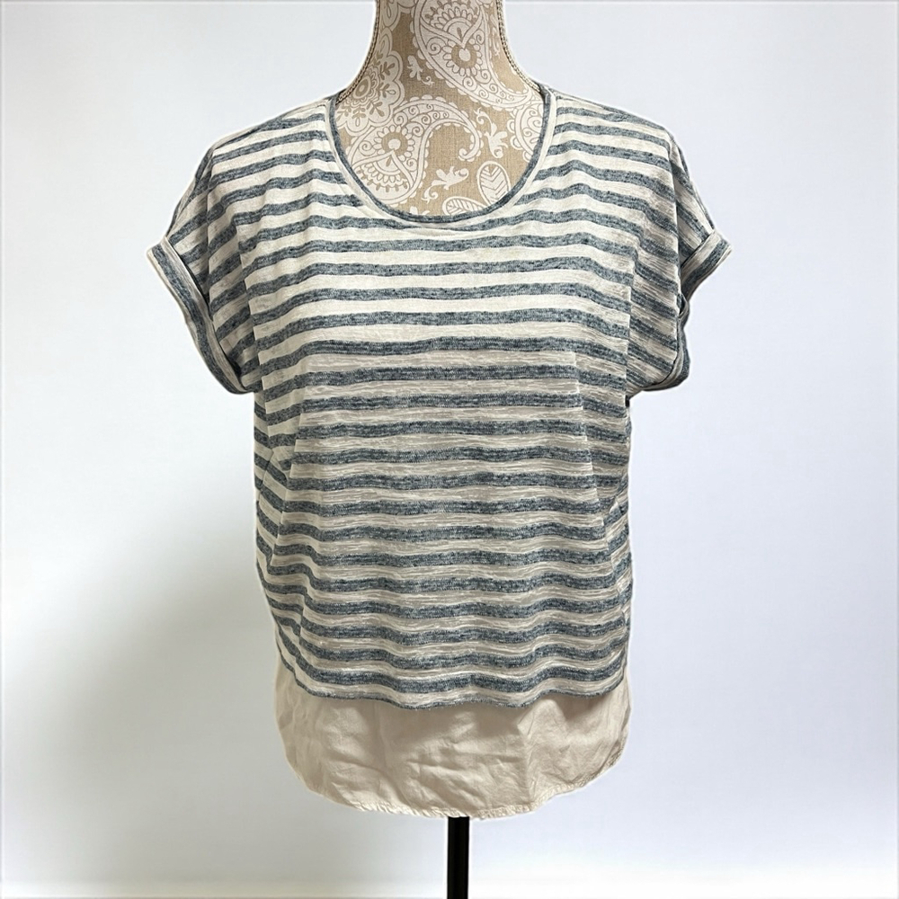Two by Vince Camuto Blue White Striped Linen Blend Layered Hem Top Sz S